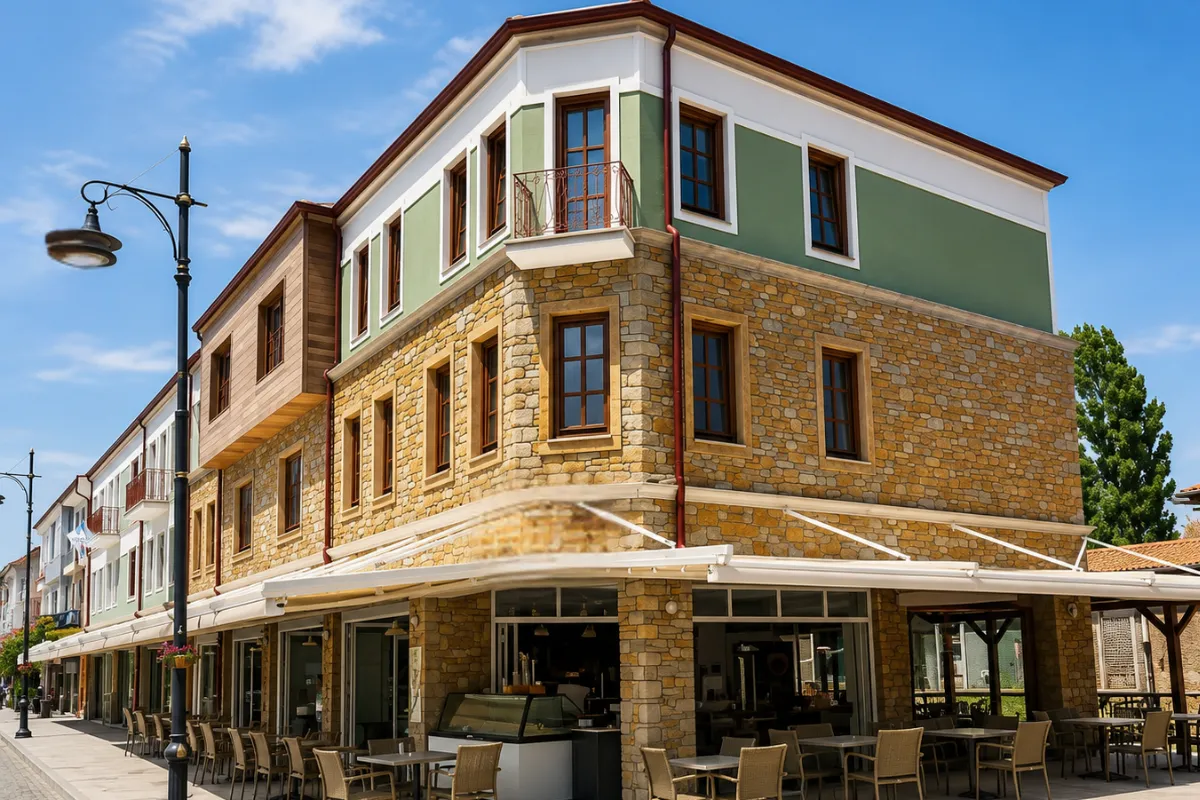 Gökçeada merkezinde, alt katında açık hava oturma alanına sahip bir kafe ve restoran bulunduran, geleneksel taş cephesi ile üst katlarındaki yeşil ve beyaz modern çizgileri zarifçe birleştiren Meydani Otel'in güneşli bir günde çekilmiş dış cephesi.