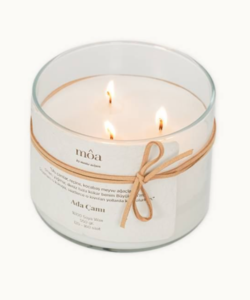Môa markasına ait, üç fitilli cam kavanozda tasarlanmış ‘Ada Çamı’ kokulu soya mumu.