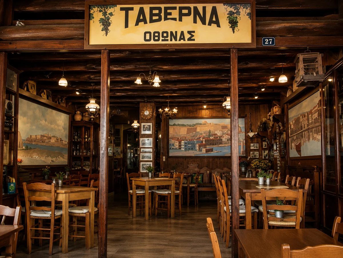 Girişin üzerindeki ahşap levhada üzüm salkımları arasında TAVERNA OΘΩNΑΣ yazan bu geleneksel Girit restoranının iç mekanı, koyu renk ahşap paneller, masalar ve sandalyelerle döşenmiş olup, duvarlarında Girit'in tarihi şehir manzaralarını tasvir eden büyük tablolarla sıcak ve otantik bir atmosfer sunuyor.