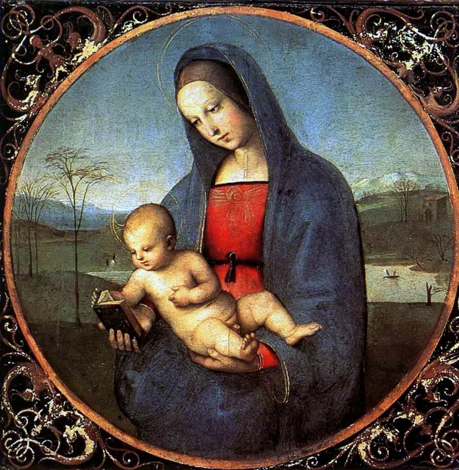 Raffaello'nun ünlü Madonna Conestabile tablosu, mavi pelerinli ve kırmızı elbiseli, başının üzerinde hafif bir hale bulunan Meryem Ana'yı, kucağında küçük bir kitaba dalmış bebek İsa'yı şefkatle tutarken betimliyor; arka planda ağaçlar, su ve dağlık bir manzara bulunan bu eser, Hermitage Müzesi'nin değerli koleksiyonlarından biridir.