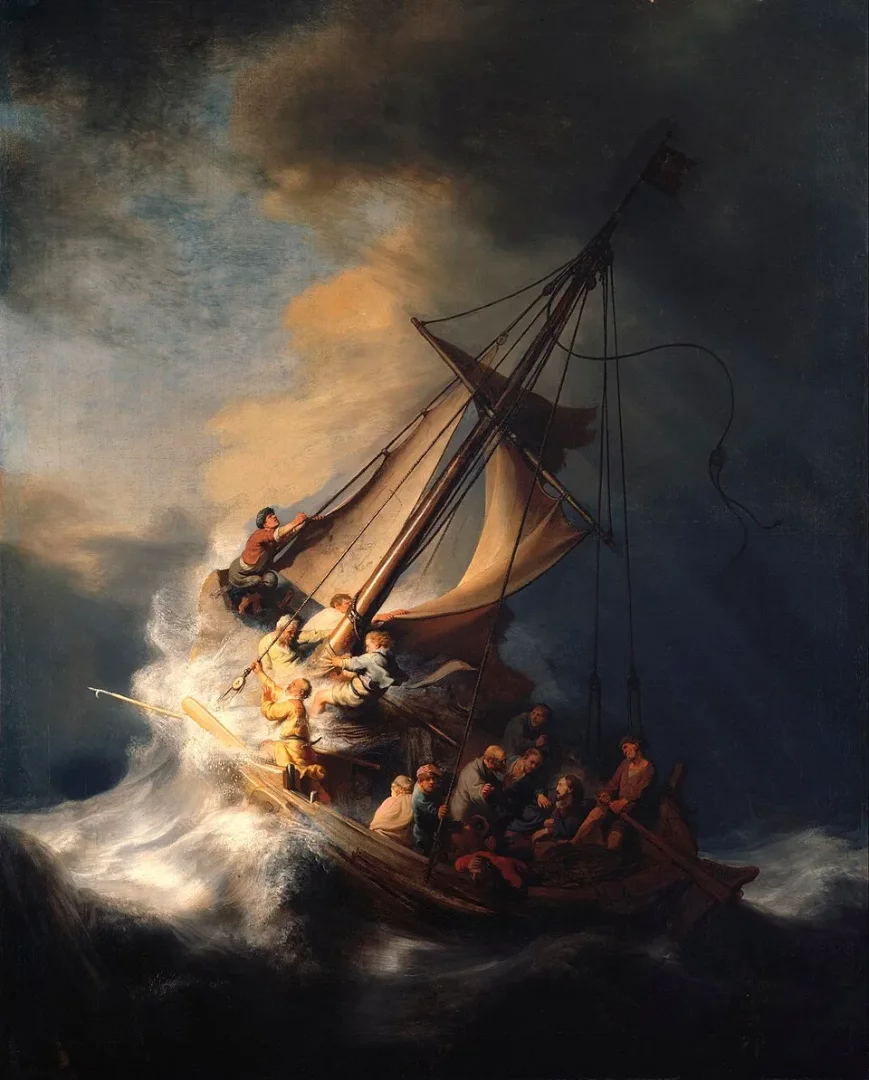 Rembrandt'ın Celile Denizi'ndeki Fırtına adlı en önemli eserlerinden biri olan bu dramatik yağlı boya tablosunda, fırtınalı denizde büyük dalgalarla boğuşan, direkleri ve yelkenleri rüzgarda eğilmiş, içindeki mürettebat ve yolcuların korkuyla mücadele ettiği bir gemi tasvir edilmiştir.
