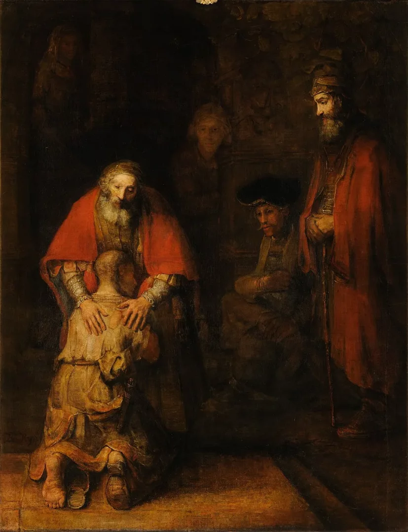 Rembrandt'ın Savurgan Oğul'un Dönüşü adlı önemli eserinde, kırmızı cübbeli, beyaz sakallı bir babanın perişan haldeki diz çökmüş oğlunu şefkatle kucakladığı, affedişin ve yeniden kavuşmanın duygusal anını yansıtan dramatik bir tablo.