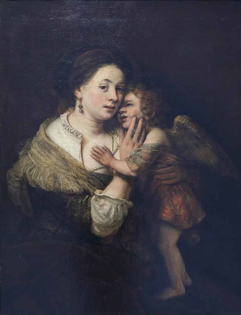 Rembrandt'ın önemli eserlerinden biri olan bu koyu tonlu barok tabloda, gerdanında inci kolye, kulağında inci küpe olan, seyirciye dönük genç bir kadın, kucakladığı kanatlı çocuğu şefkatle tutuyor, çocuk kadının yüzüne dokunup ona sarılıyor.