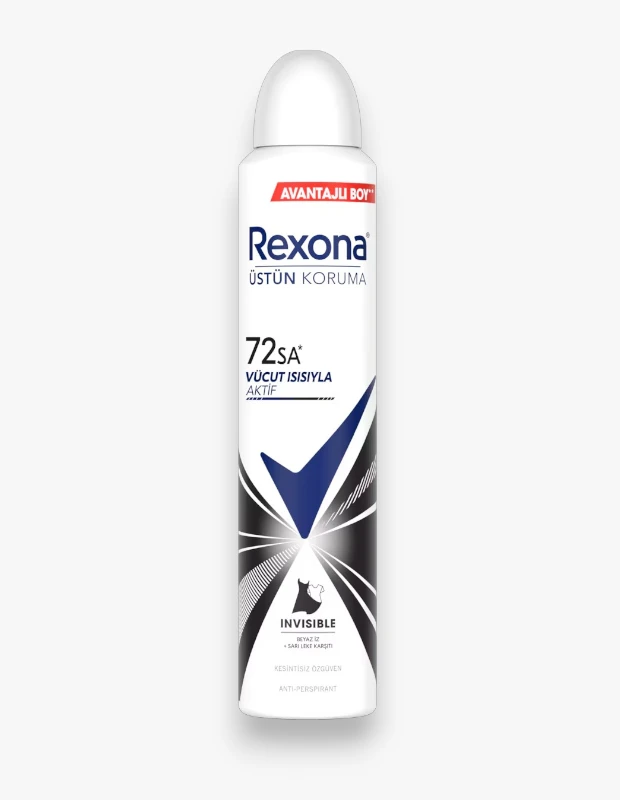 Beyaz bir zeminde dik duran, beyaz kapaklı, Rexona Invisible Black+White Kadın Sprey Deodorantı, mavi Rexona logosu ve Üstün Koruma yazısıyla dikkat çekiyor; bu antiperspirant ürün 72 saat koruma ve kıyafetlerde beyaz iz veya sarı leke bırakmama özelliğiyle öne çıkıyor.