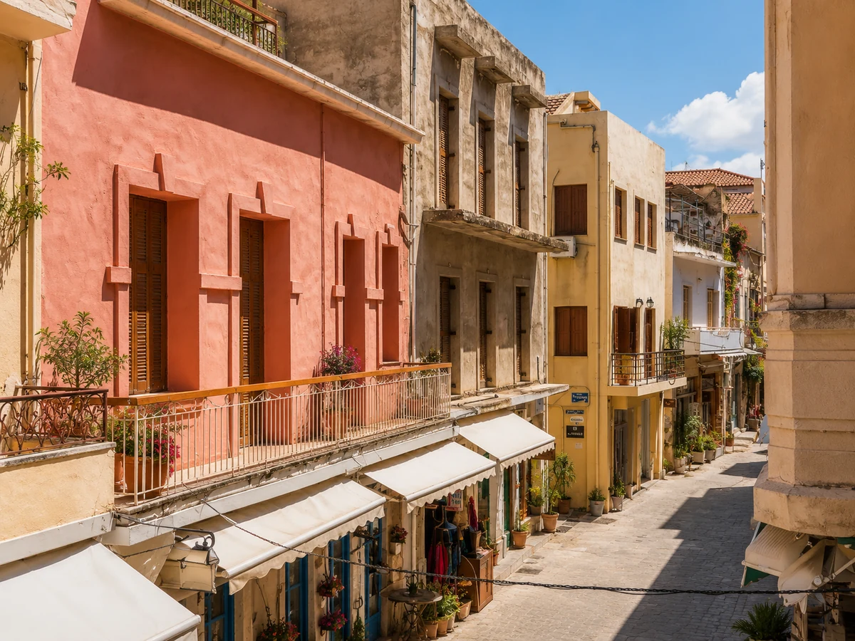 Girit'in dar ve Arnavut kaldırımlı bir sokağında, pastel pembe ve sarı tonlardaki eski binaların panjurlu pencereleri ve çiçeklerle süslü balkonları görülüyor; bu özgün mimari, bölgenin tipik konaklama seçeneklerinin ve yerel yaşam tarzının çekiciliğini yansıtan güneşli bir Akdeniz atmosferi sunuyor.