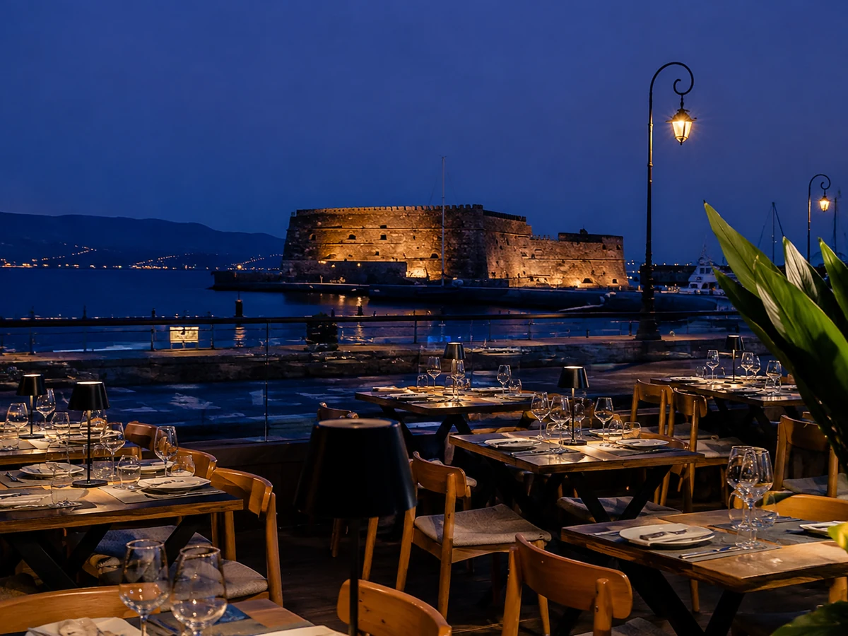 Girit'teki Sir Papafigos restoranının deniz manzaralı terasında, loş ışıklarla aydınlatılmış masalar ziyafet için özenle dizilirken, arka planda akşam karanlığında parıldayan tarihi bir kale ve sakin liman etkileyici bir manzara sunuyor.
