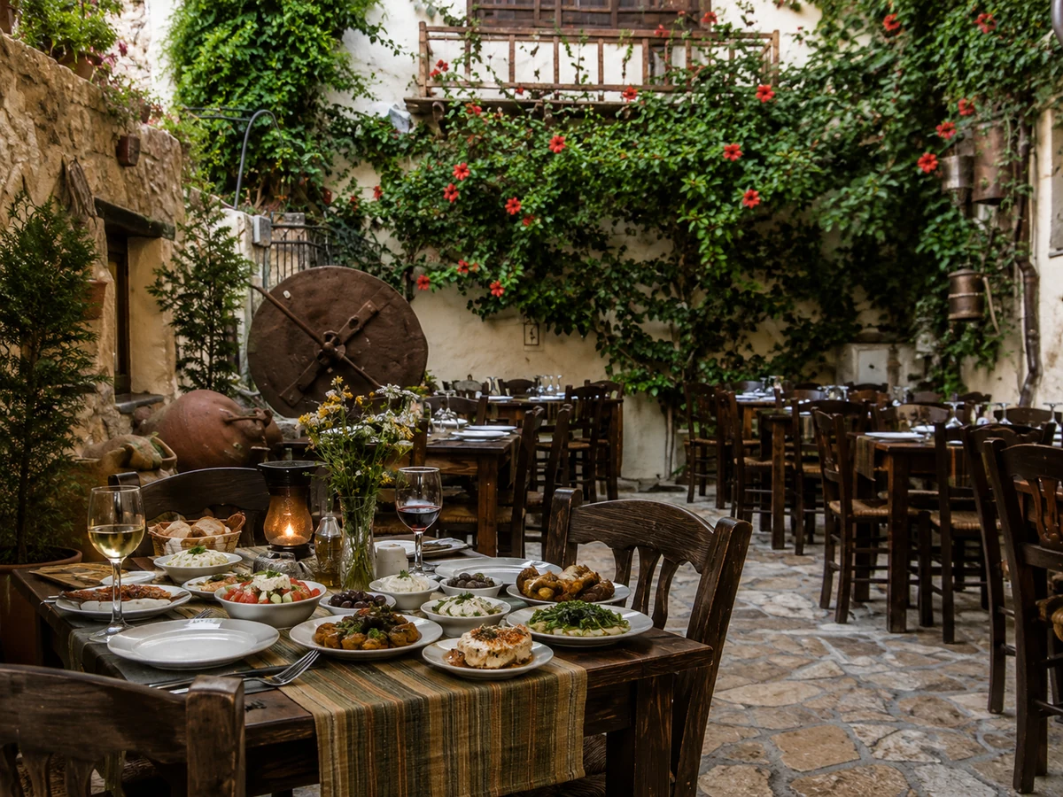 Zengin yeşil sarmaşıklar ve kırmızı çiçeklerle bezeli taş duvarların çevrelediği, Girit mutfağından çeşitli lezzetlerle donatılmış bir açık hava restoranında, ahşap masalar arasında yanıp sönen mum ışığı ve şarap kadehleriyle dolu, davetkar ve geleneksel bir ambiyans sergileniyor.