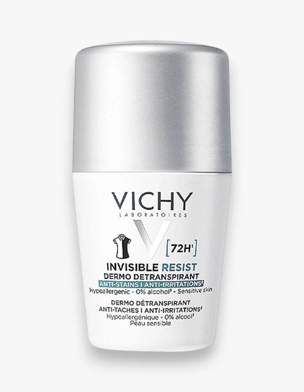 Bu beyaz ve metalik gümüş kapaklı Vichy Invisible Resist 72H Dermo Détanspirant roll-on deodorant şişesi, leke ve tahriş karşıtı özellikleriyle hipoalerjenik, %0 alkollü ve hassas ciltler için uygun olduğunu belirten yazılarla detaylandırılmıştır.
