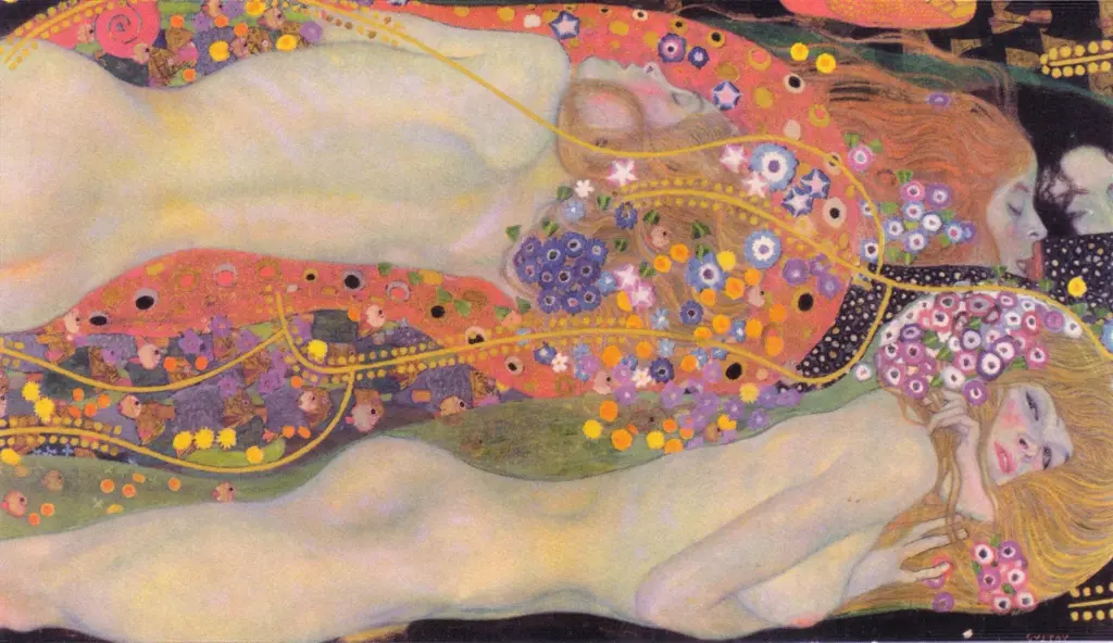 Gustav Klimt’in ‘Wasserschlangen II’ (Su Yılanları II) tablosu; pastel tonlarda uzanan kadın figürleri, çiçek motifleri ve dekoratif Art Nouveau detaylarıyla.