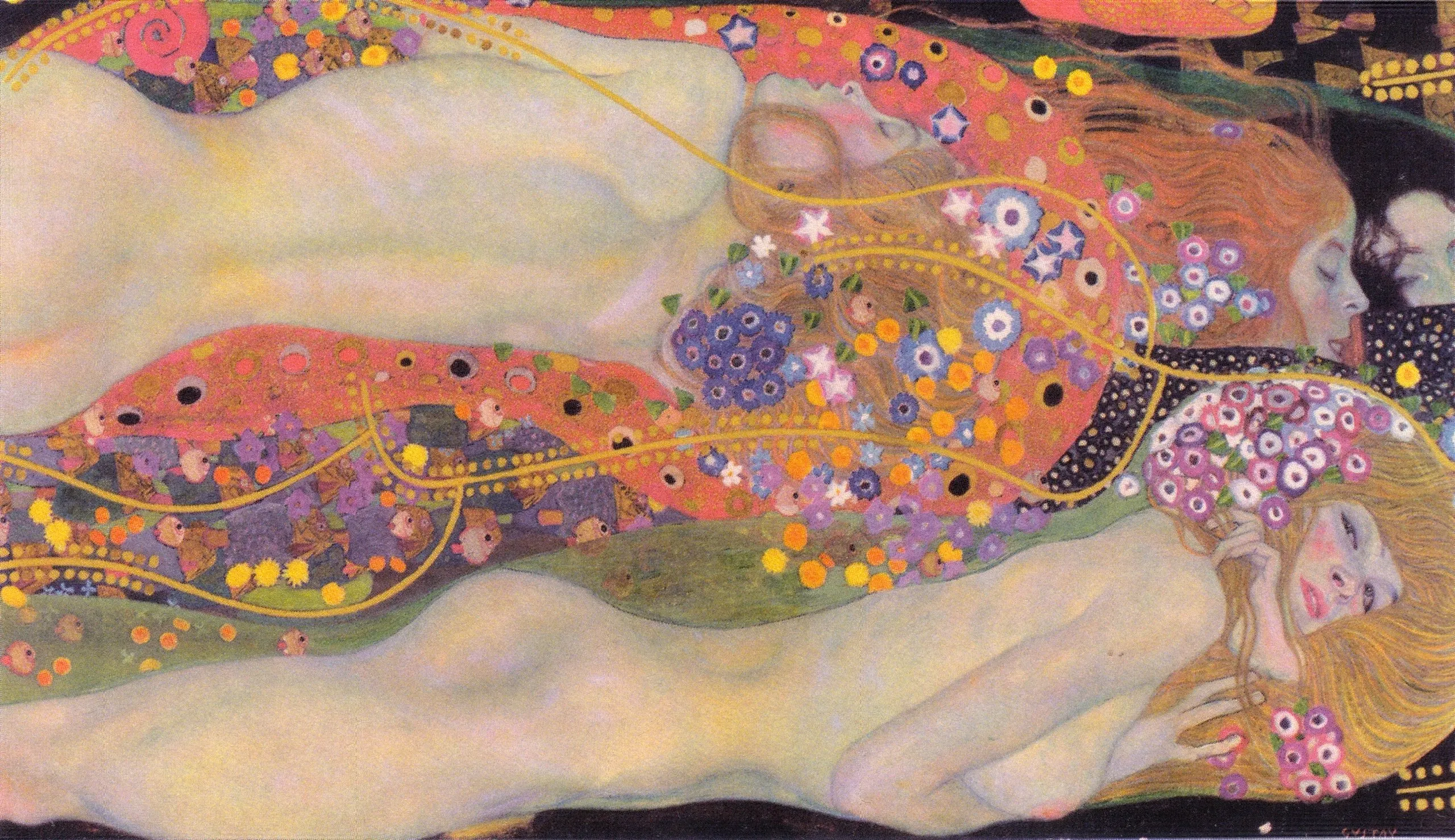 Gustav Klimt’in ‘Wasserschlangen II’ (Su Yılanları II) tablosu; pastel tonlarda uzanan kadın figürleri, çiçek motifleri ve dekoratif Art Nouveau detaylarıyla.