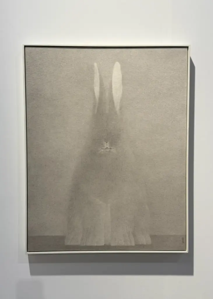 Minimalist ve hiperrealist detaylarıyla öne çıkan tavşan portresi, Art Basel’de zarif bir doğa temsili sunuyor.