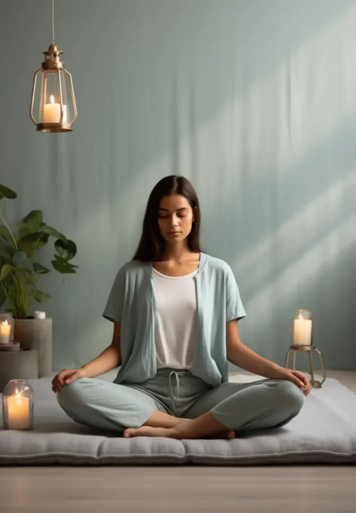 Serin ve huzurlu bir ortamda meditasyon yapan kadın; yaz aylarında içsel dinginlik sağlayan nefes egzersizlerine odaklanıyor.