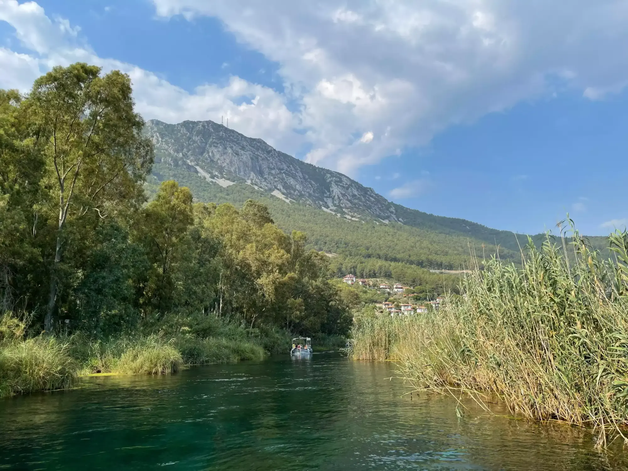 Akyaka'nın berrak sularıyla ünlü Azmak Nehri'nde seyreden bir tekne, yolcularıyla birlikte etrafı sık sazlıklar ve yemyeşil ağaçlarla çevrili bu huzurlu nehirde doğanın tadını çıkarırken, arka planda dağın eteklerindeki şirin evler ve bulutlu gökyüzü dikkat çekiyor.