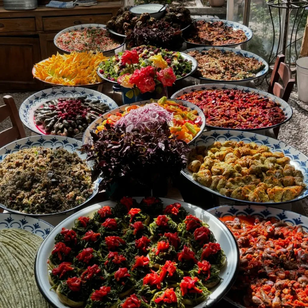 Asma Yaprağı restoranının geleneksel ve taptaze Ege mutfağı felsefesini yansıtan bu karede, zeytinyağlı sarma, enginar, kabak çiçeği dolması gibi rengârenk yerel mezelerle dolu geniş bir yemek masası, Alaçatı'nın sofistike yaşam stilinin gastronomik zenginliğini gözler önüne seriyor.