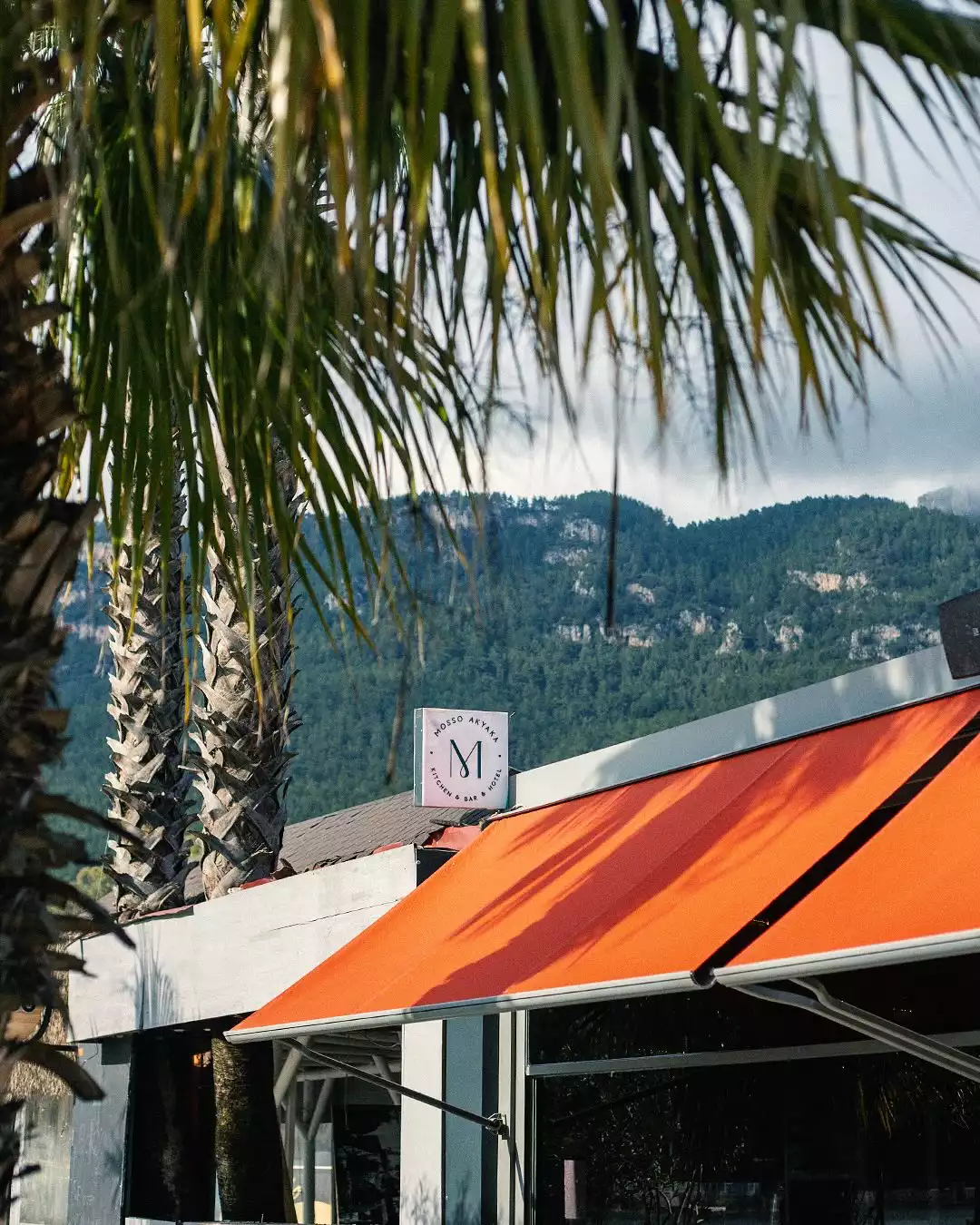 Ön plandaki palmiye ağaçları arasından, turuncu bir tenteye sahip binanın çatısında yer alan Mosso Akyaka M Kitchen & Bar & Hotel tabelasının görüldüğü, arka planda yemyeşil dağlar ve bulutlu bir gökyüzünün bulunduğu manzaralı bir fotoğraf.