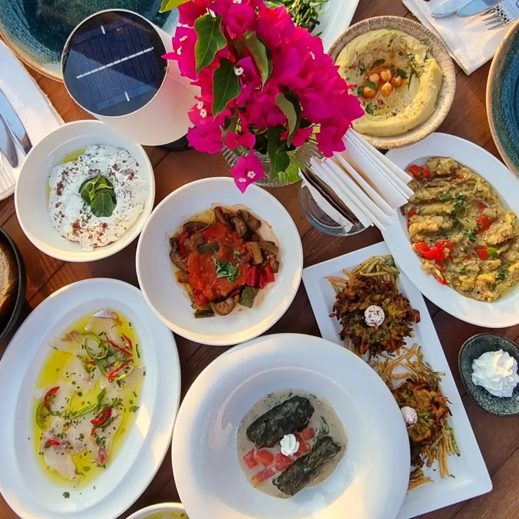 Bodrum seyahat rehberi: Yalıkavak'ta, pembe begonvil çiçekleri ve güneş enerjili bir lamba ile süslenmiş ahşap bir masanın üzerinde, humus, patlıcan salatası, levrek marin, zeytinyağlı dolma ve mücver dahil olmak üzere çok sayıda lezzetli meze tabağı iştah açıcı bir şekilde sıralanıyor.