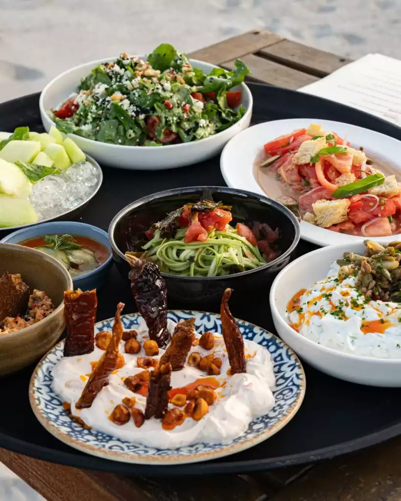 Bir verandada, siyah tepsi üzerinde sunulan çeşitli taze salatalar ve mezeler: beyaz peynirli yeşil salata, buzlu kavun dilimleri, ekmekli domates salatası, kabak spagetti, üzerine baharat gezdirilmiş süzme yoğurt ve kızarmış biberli yoğurtlu bir başlangıç, sıcak bir gün için iştah açıcı ve renkli bir yemek şöleni sunuyor.