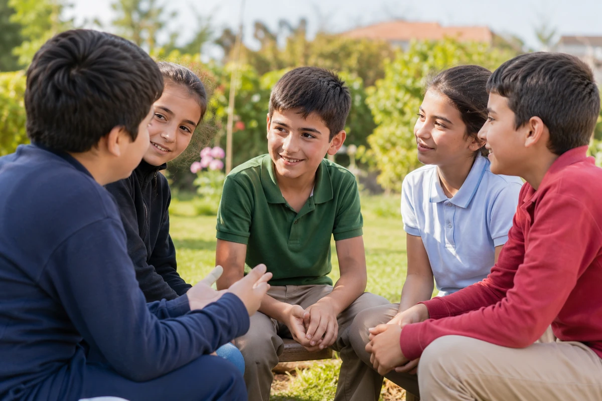 Bu görsel, arkadaşlarıyla empatik iletişim kurarak dışarıda çember şeklinde oturan ve neşeli bir sohbet içinde birbirlerini dikkatle dinleyen beş çocuğu betimliyor.