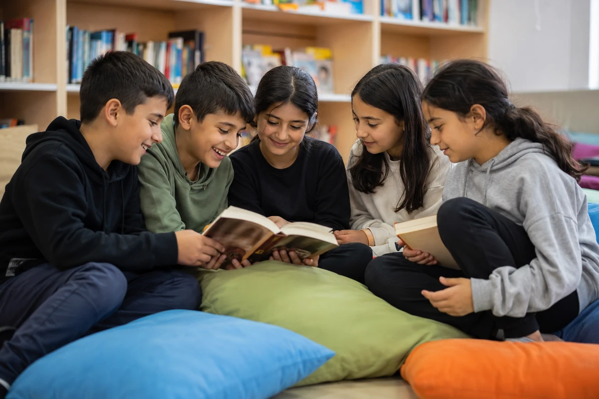 Kütüphane rafının önünde renkli minderlerde neşeyle oturmuş, hep birlikte kitap okuyan beş öğrenci, sosyal etkileşimin ve ortak ilgi alanlarının akran zorbalığını önlemedeki kritik rolünü canlı bir şekilde gösteriyor.