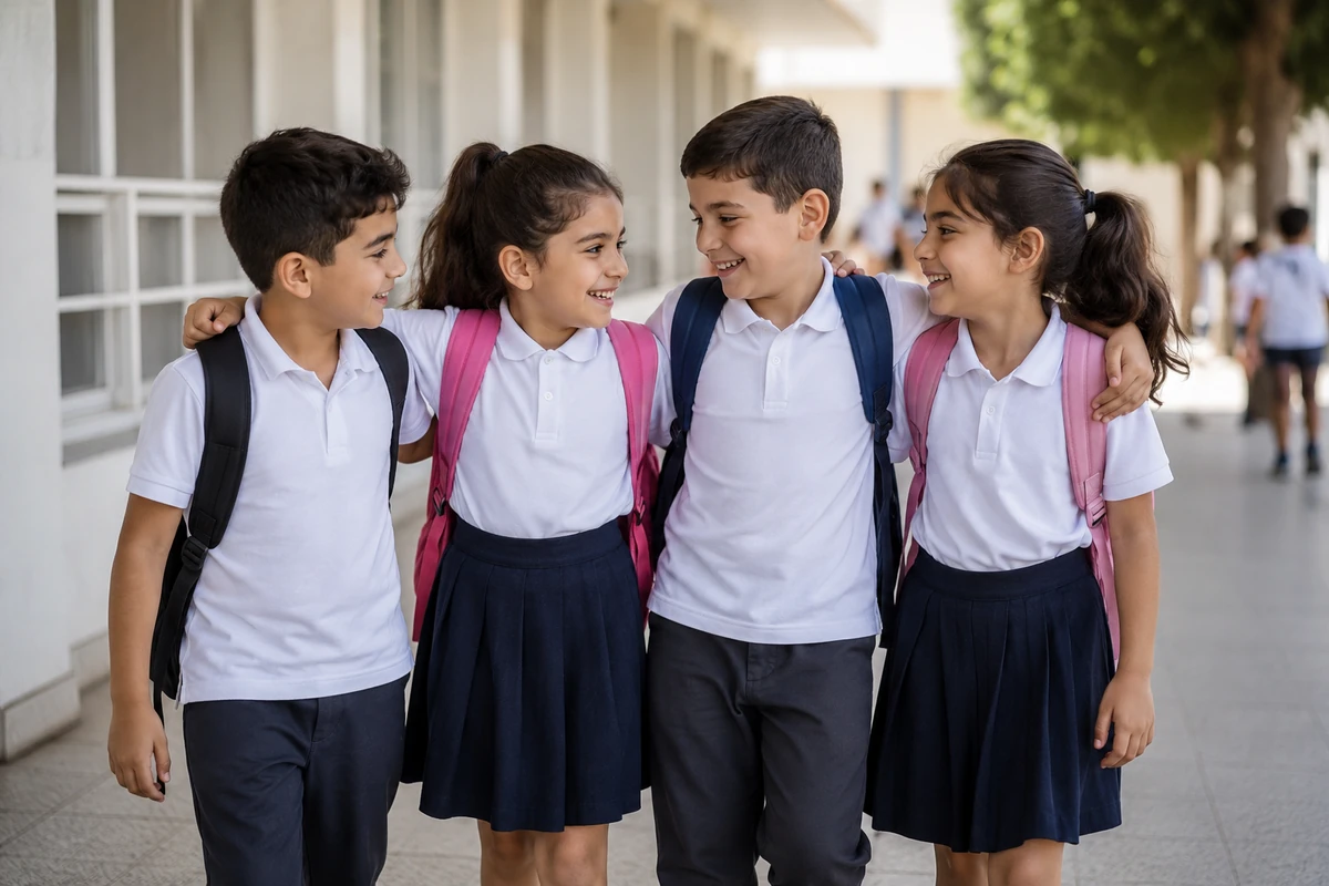 Beyaz polo tişörtlü ve sırt çantalı dört ilkokul öğrencisi, okul koridorunda birbirlerinin omuzlarına kollarıyla sarılmış, neşeyle bakışarak akran zorbalığını önlemenin en etkili yolu olan güçlü arkadaşlık bağlarını sergiliyor.
