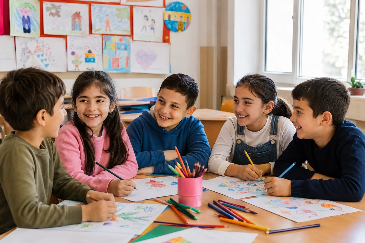 Sınıfta bir masanın etrafında oturup renkli kalemlerle resim yapan ve birbirlerine neşeyle gülümseyen beş öğrenci, pozitif etkileşim ve sıcak bir arkadaşlık ortamı oluşturarak akran zorbalığının önlenmesi için güçlü bağlar kuruyor.