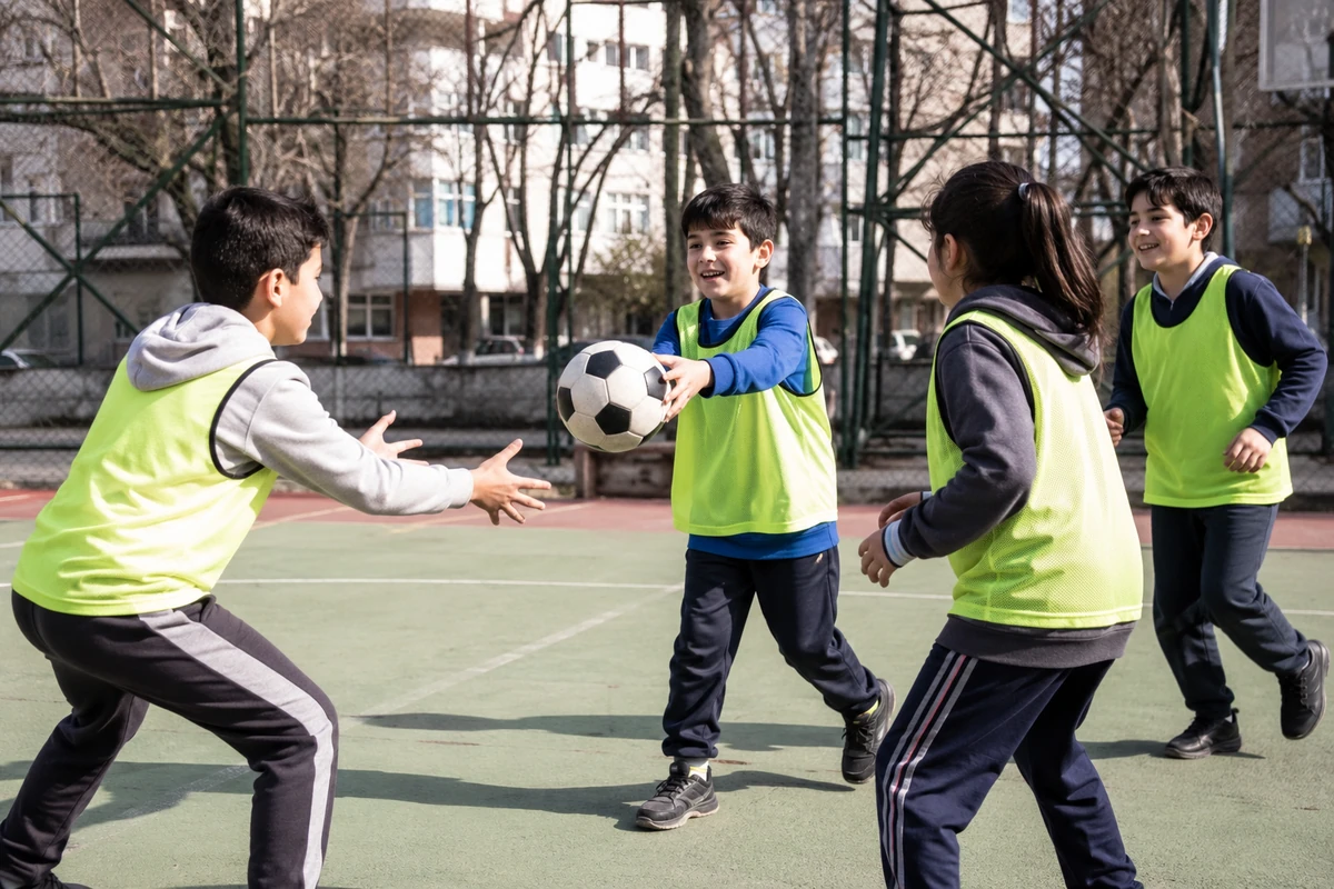 Yeşil sahada parlak sarı yeleklerle neşeyle futbol oynayan dört çocuktan biri topu arkadaşına paslarken, takım oyunu ve dayanışmanın akran zorbalığını önlemedeki gücünü gösteriyorlar.
