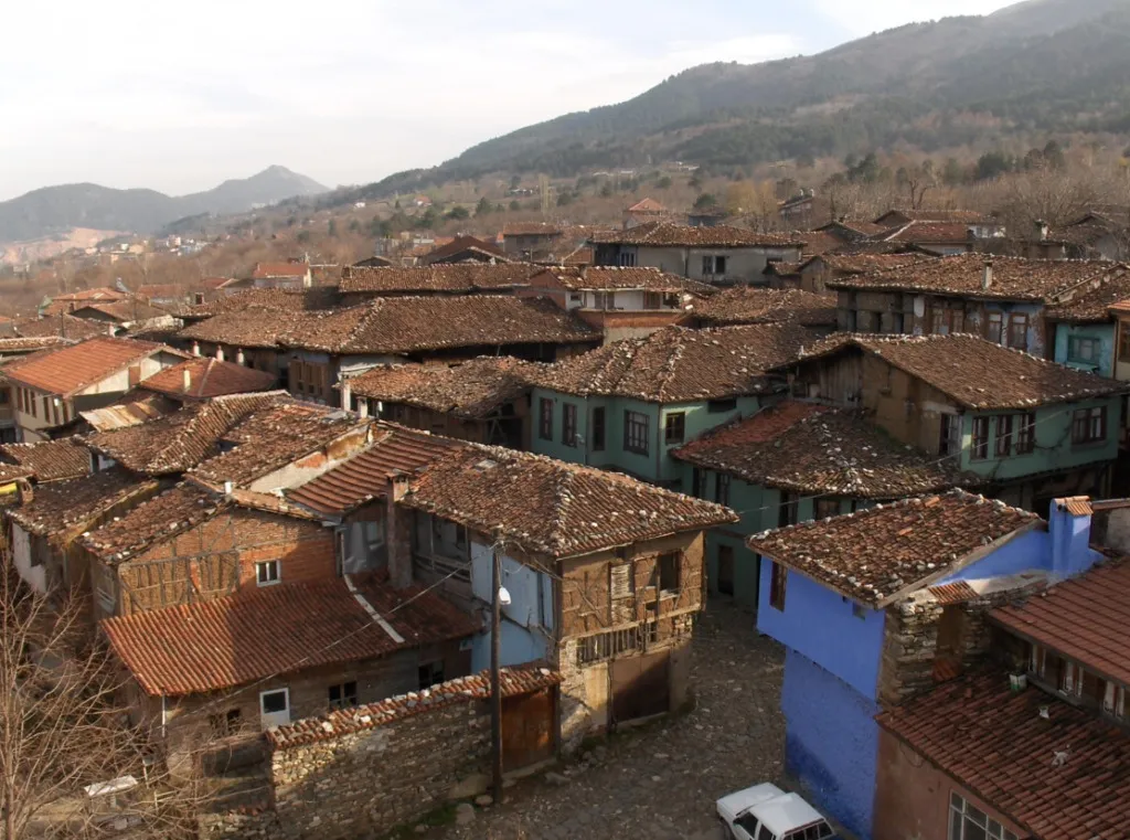 Cumalıkızık köyünde taş sokakların çevresinde sıralanmış geleneksel Osmanlı dönemi ahşap ve kerpiç evler