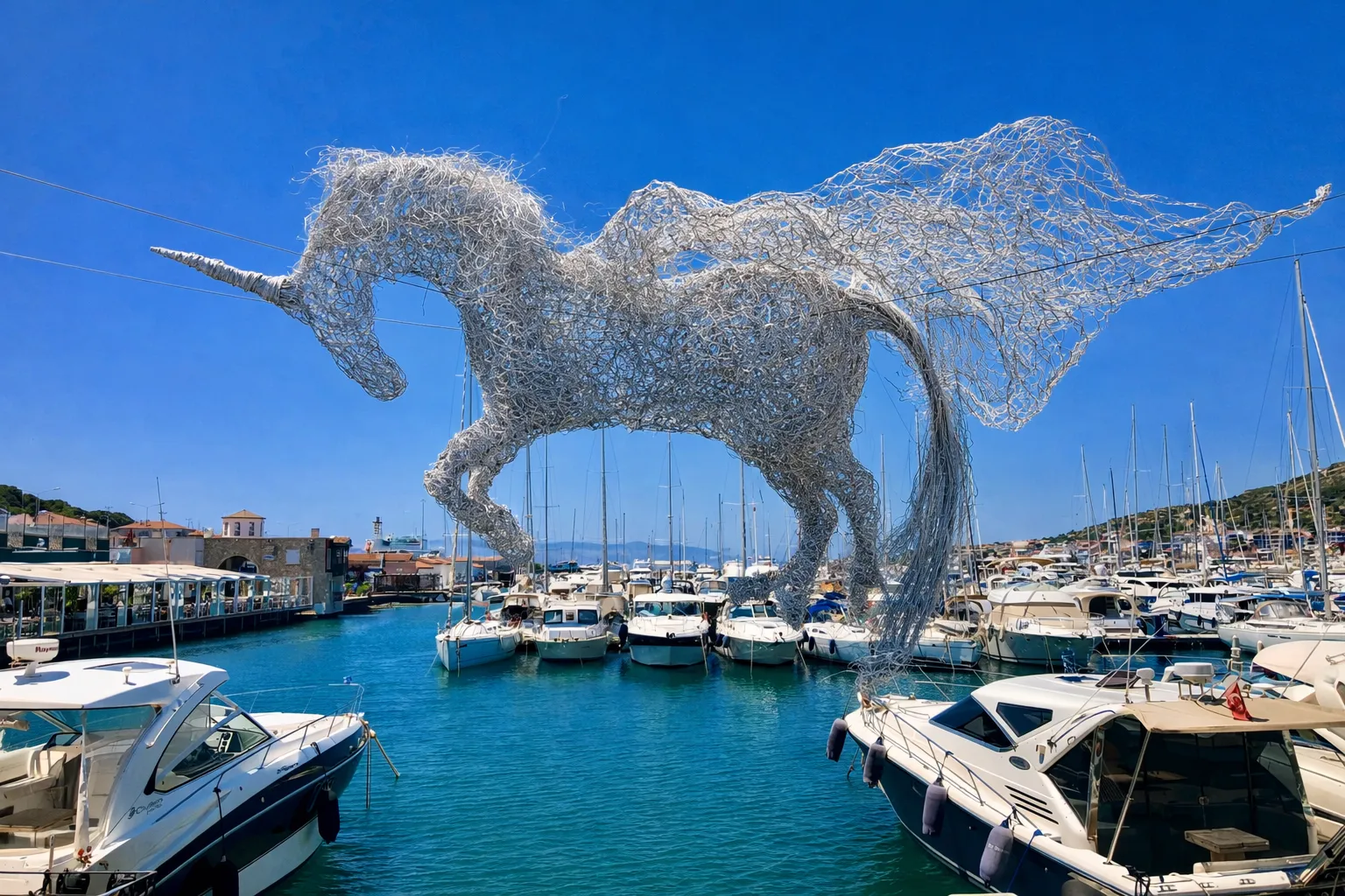 Mavi gökyüzü altında, Çeşme Marina'nın parlak turkuaz suları üzerinde yükselen, gümüş renkli telden yapılmış, boynuzlu ve kanatlı büyük bir unicorn heykeli, birçok yat ve teknenin demirli olduğu hareketli liman manzarasını domine ediyor.