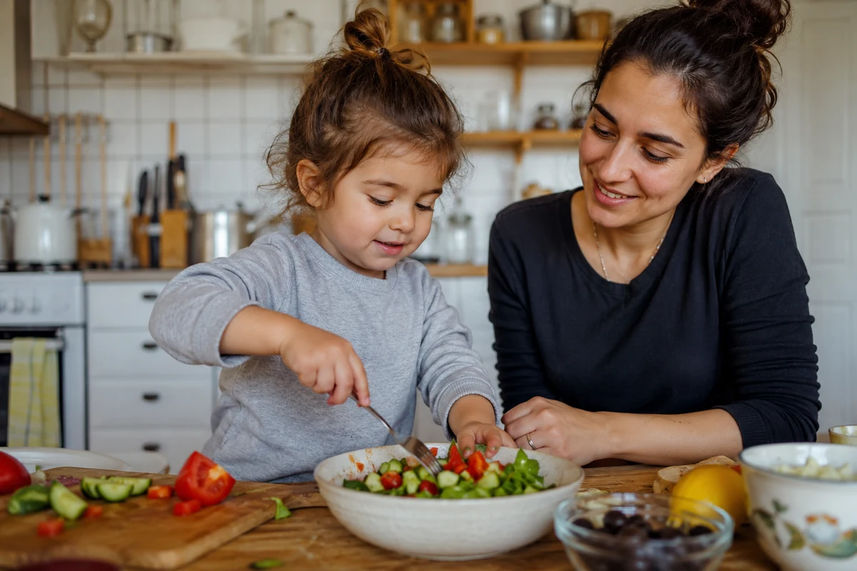 Üç yaş civarındaki kıvırcık saçlı neşeli bir kız çocuğu, mutfak tezgahında annesinin rehberliğinde büyük bir salata kasesindeki yeşillikleri ve doğranmış sebzeleri dikkatle karıştırırken, bu basit sorumlulukla gurur duyuyor gibi görünüyor.