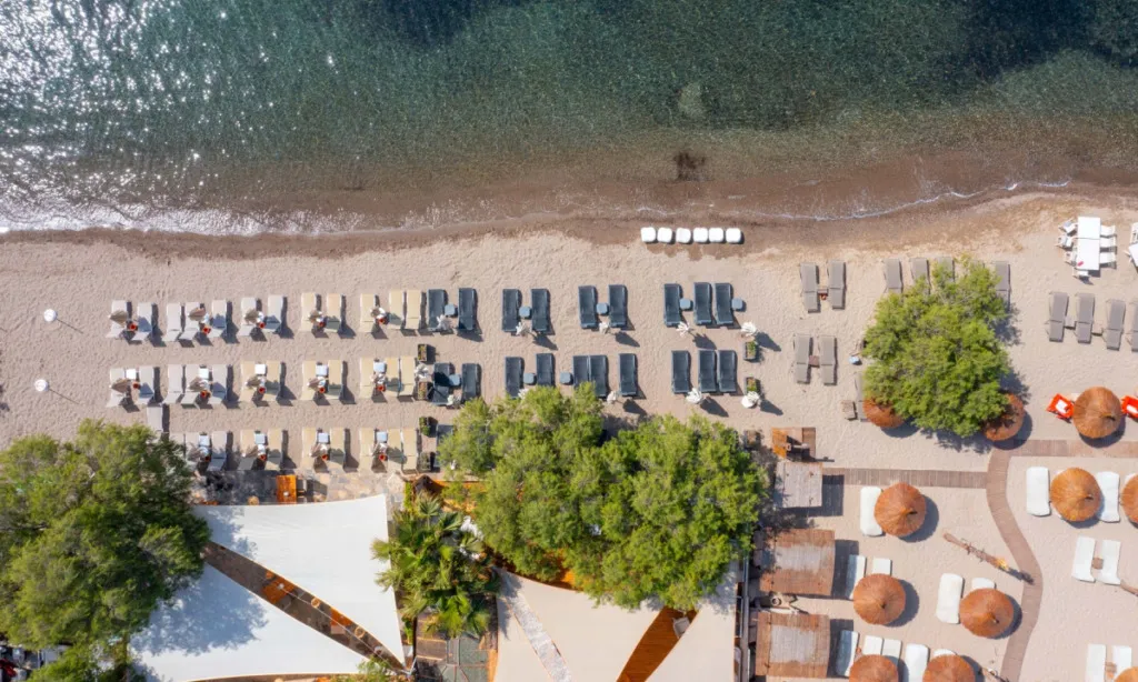 Pırıl pırıl denizin kıyısında uzanan Dalga Social Beach Bodrum'un kuşbakışı görüntüsünde, düzenli sıralar halinde bej ve koyu renk şezlonglar, gölgelik sağlayan hasır şemsiyeler, beyaz brandalı dinlenme alanları ve yemyeşil ağaçlar geniş kumlu plajı dolduruyor.