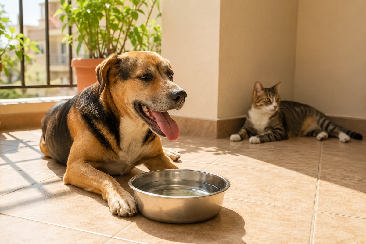 Sıcak bir balkonda, dili dışarıda nefes nefese yatan bir köpek önündeki su kabından su içmeye hazır beklerken, arkada gölgeli bir köşede serinleyen bir kedi, evcil hayvanlarda ısı çarpmasını önlemek için su ve gölgenin önemini hatırlatıyor.