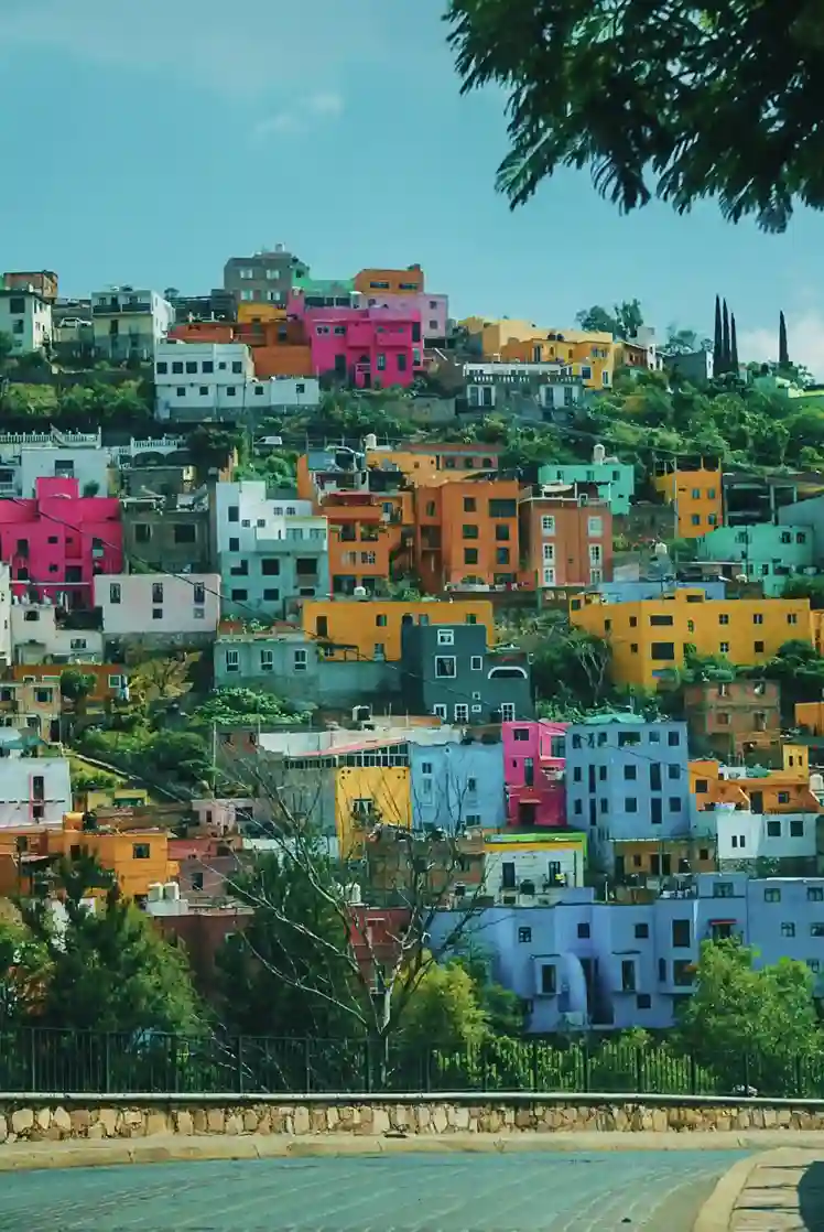 Meksika'nın Guanajuato şehrinde, yamaca sıkışık bir şekilde yayılan ve pembe, turuncu, sarı, mavi gibi canlı tonlara sahip yüzlerce renkli ev, ön planda taş duvarlı bir yol ve gür yeşilliklerle kaplı tepelerden oluşan büyüleyici bir manzara.