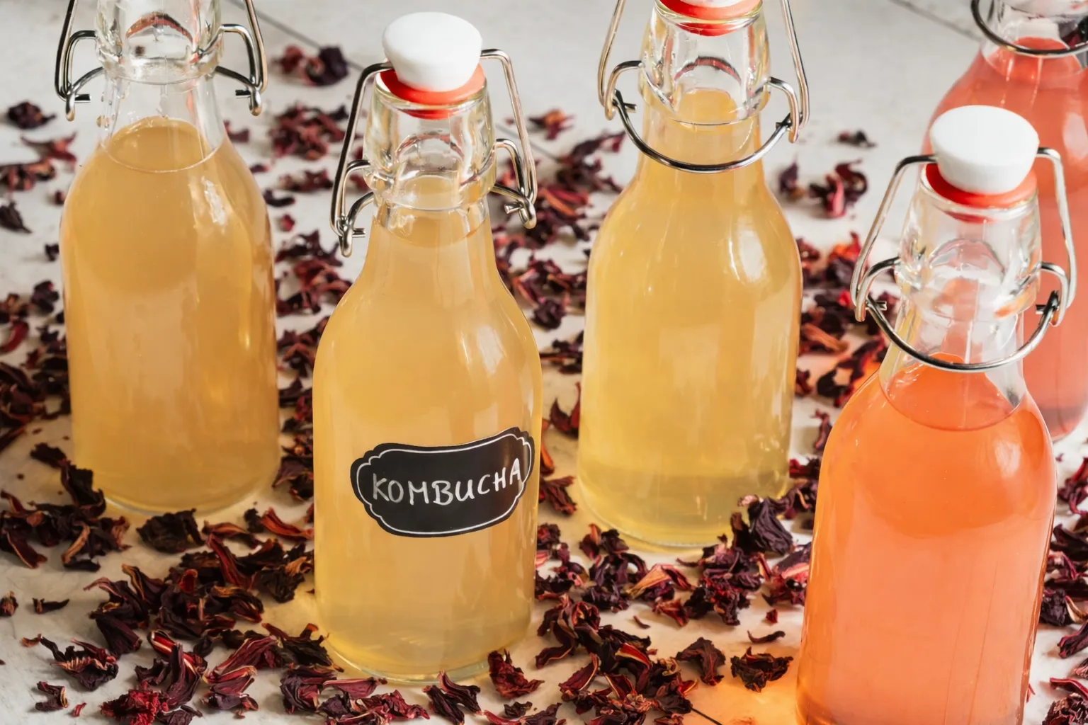 Cam şişelerde ev yapımı kombucha, zeminde kurutulmuş hibiskus çiçekleri ile birlikte fermente içecek sunumu.