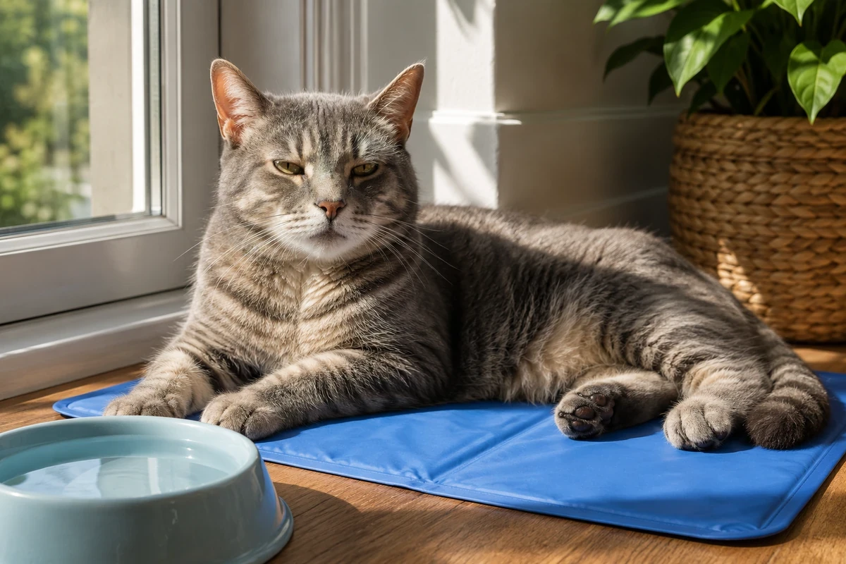 Gri çizgili bir kedi, pencereden gelen güneş ışığı altında, sıcak havada serinlemek için ideal olan mavi bir soğutucu mat üzerinde uzanmış, yanında bol su dolu açık mavi bir su kabı ile kameraya bakıyor.