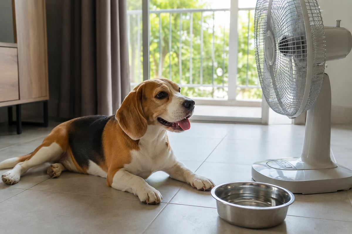 Sıcak havada serinlemek için açık renkli fayans zeminde uzanmış üç renkli bir Beagle köpeği, sağ tarafında çalışan beyaz bir ayaklı vantilatör ve önünde serinletici su dolu metal bir kapla dinlenirken, arka planda yemyeşil dış mekan manzarası ve perde görülüyor.
