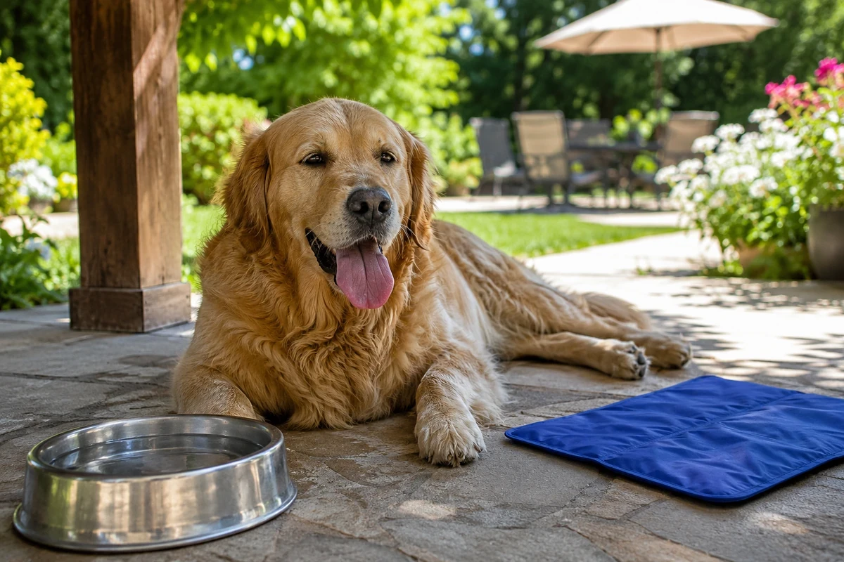Evcil Hayvanlarda Isı Çarpması: Güneşli bir verandada yatan, dili dışarıda hafifçe soluyan altın renkli bir Golden Retriever köpeği, yanında serinletici mavi bir mat ve dolu bir metal su kabı ile sıcak havada rahatlamaya çalışıyor, arka planda yeşillikler ve bahçe mobilyaları görülüyor.