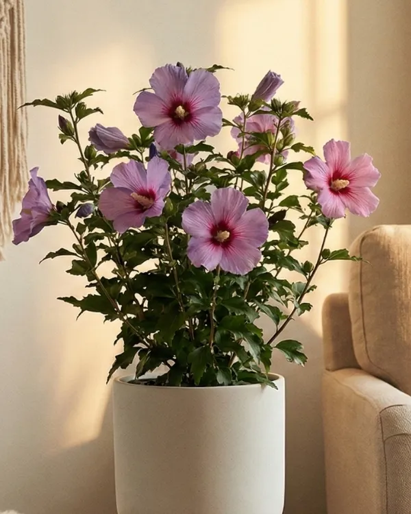 Beyaz saksıda mor çiçekli, sıcak tonlu salon dekorasyonunda yer alan iç mekân hibiskus bitkisi.