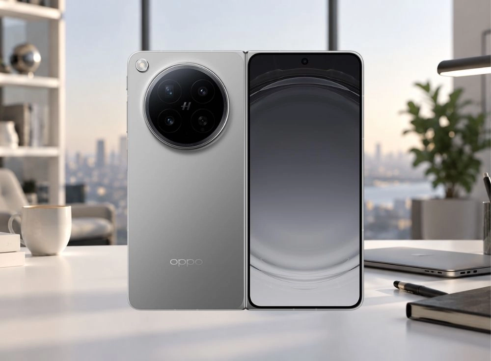 Gri renkli bir OPPO Find N6 katlanabilir akıllı telefon, arkasındaki büyük dairesel Hasselblad kamera modülü ve gri tonlarında bir gradyan yansıtan ana iç ekranıyla, modern bir ofis ortamındaki masanın üzerinde yarı açık konumda duruyor.