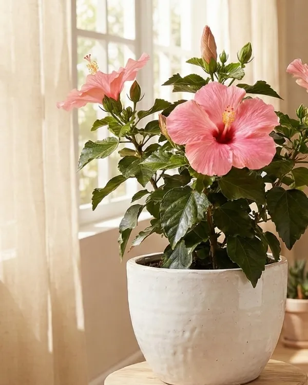 Pencere önünde beyaz seramik saksıda yetişen pembe Japon gülü, doğal gün ışığında çiçek açmış hibiskus bitkisi.