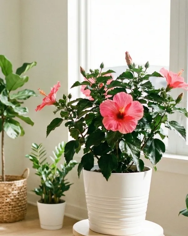 Beyaz saksıda pembe çiçekli Hibiscus rosa-sinensis, aydınlık ev köşesinde dekoratif iç mekân bitkisi olarak konumlandırılmış.