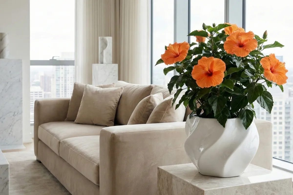 Modern salon dekorasyonunda beyaz saksıda turuncu çiçekli Hibiskus, aydınlık pencere önünde konumlandırılmış şık bir iç mekân bitkisi.