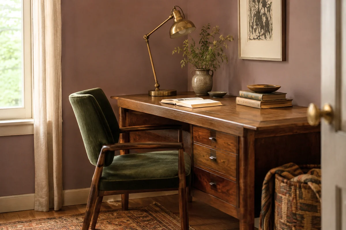 Gül kurusu duvarları, yeşil kadife çalışma sandalyesi ve üzerinde pirinç lamba ile açık bir kitabın bulunduğu koyu ahşap masasıyla, dekorasyonuna uygun, sıcak ve davetkar bir çalışma odası görülüyor.