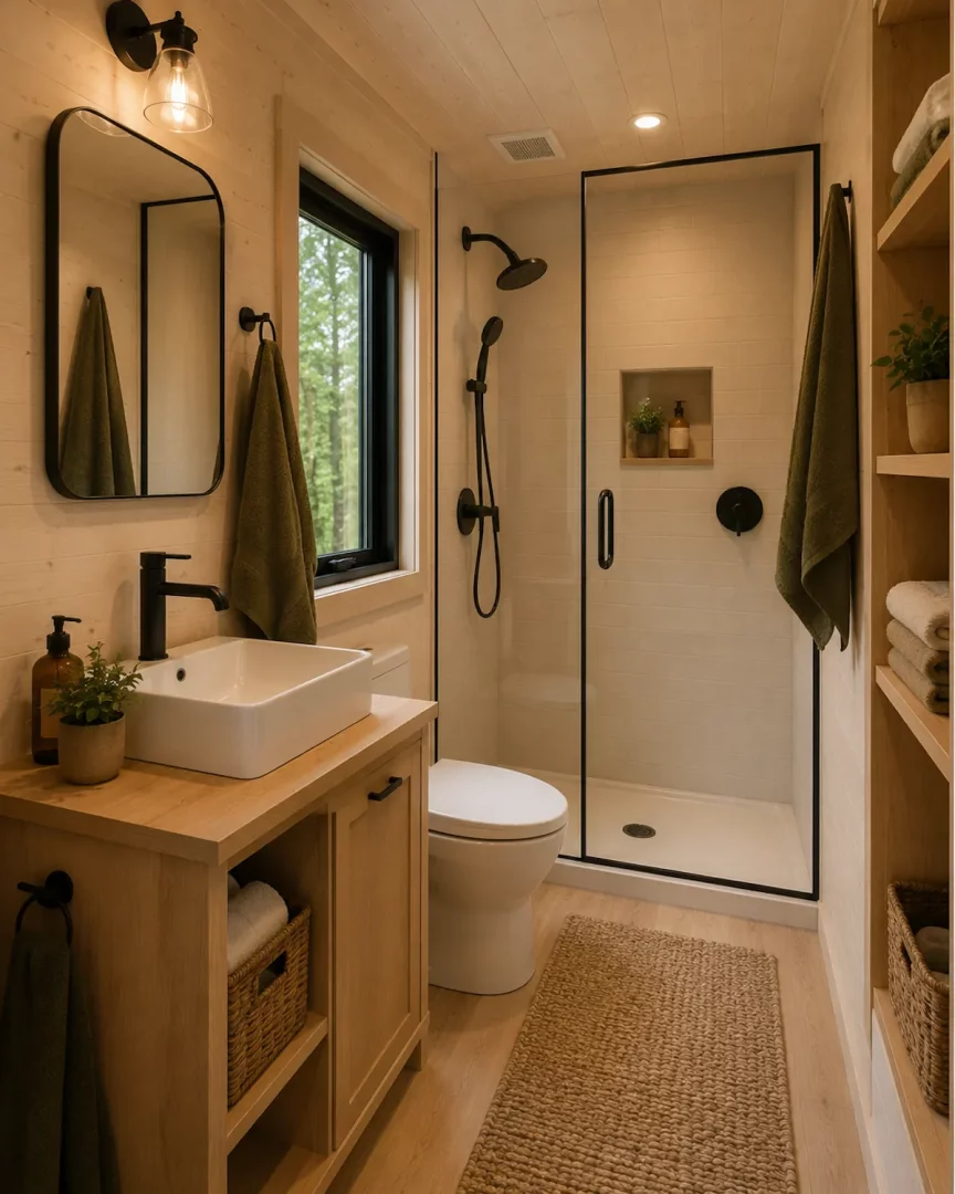 Ahşap panellerle kaplı duvarlar ve tavanlar ile modern siyah çerçeveli ayna, pencere ve armatürlerin dikkat çektiği bu şık tiny house banyo dekorasyonu, kompakt alanı verimli kullanan cam duşakabin, beyaz tezgah üstü lavabo ve ahşap dolap ile ferah bir iç mekan sunuyor.