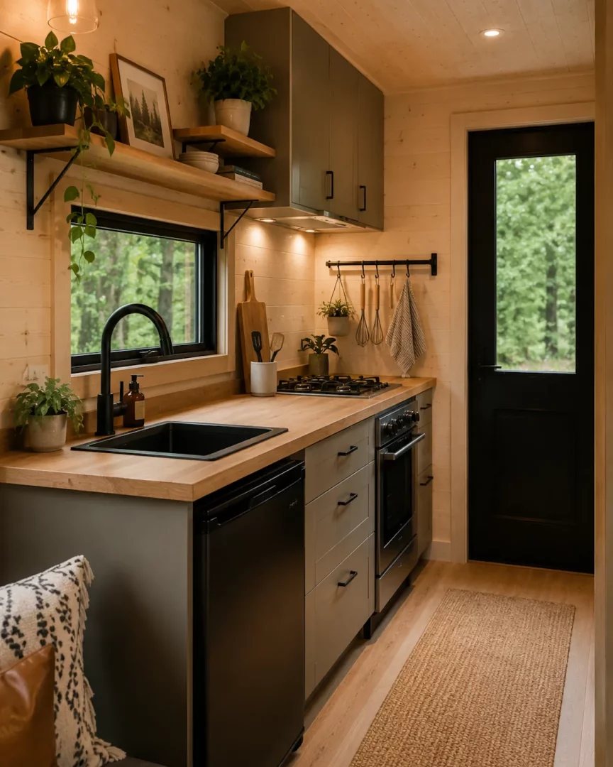 Bu modern tiny house iç mekan mutfak dekorasyonunda, ahşap tezgahlar ve koyu gri dolaplar, pencereden görünen yeşilliklerle birleşerek doğal ve davetkar bir atmosfer sunarken, siyah eviye ve ocak gibi detaylar işlevselliği şık bir şekilde tamamlıyor.