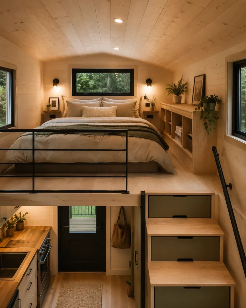 Bu panoramik fotoğrafta, açık renk ahşap panellerle kaplı tavan ve duvarlara sahip bir tiny house'un iç mekanı betimleniyor; üst katta, orman manzaralı pencerelerle aydınlatılan ve demir korkulukla çevrili rahat bir çift kişilik uyku alanı bulunurken, alt katta ahşap tezgahlı bir mutfak ve dışarı açılan bir kapı görülüyor.