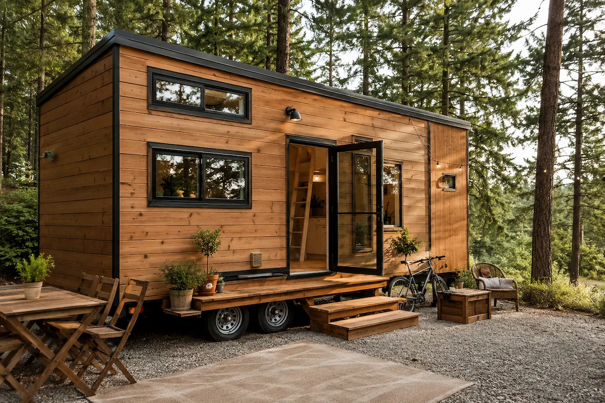 Ormanlık bir alanda, ahşap dış cephesi, siyah çerçeveli pencereleri ve açılan cam kapısı olan modern tasarımlı bir tiny house, tekerlekli yapısıyla dikkat çekiyor; önünde basamaklı ahşap bir güverte, dış mekan oturma alanı ve bisikletle huzurlu bir yaşam alanı sunuyor.