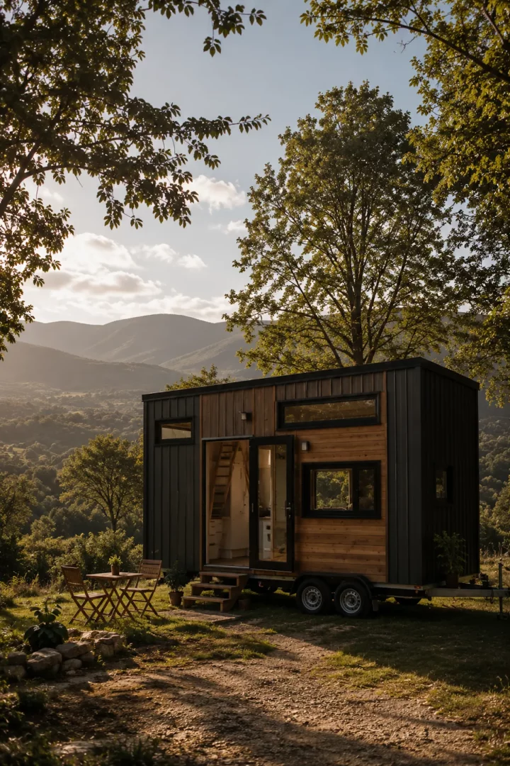 Yeşil ağaçlarla dolu dağlık bir vadi manzarasına karşı, güneşin vurduğu patika kenarına yerleştirilmiş, ahşap ve koyu gri metal kaplamalı, tekerlekli modern bir tiny house önünde, katlanabilir masa ve iki sandalyeyle doğal bir yaşam alanı oluşturmuş.