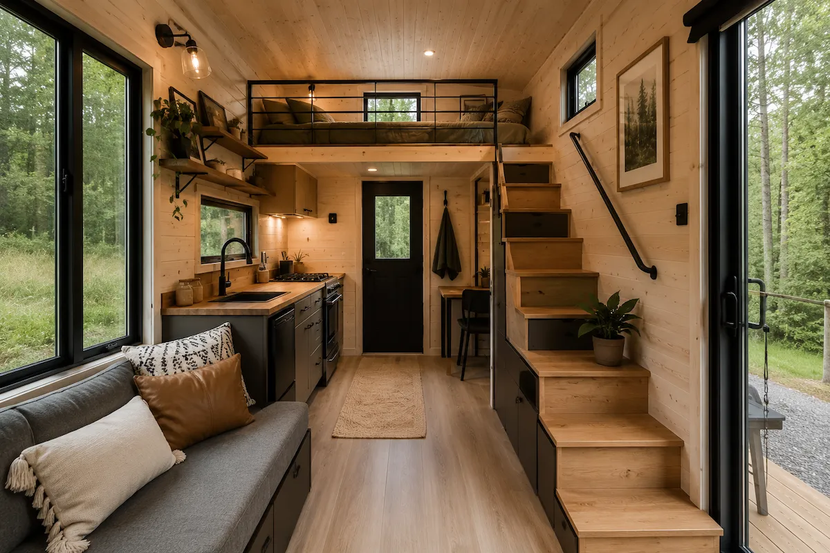 Ahşap panelli duvar ve tavanlara sahip bu ferah tiny house iç mekanında, gri bir kanepe, ankastre mutfak aletleriyle tam donanımlı mutfak tezgahı, entegre depolama alanlı merdivenlerle ulaşılan yatak odası loftu ve dışarıdaki yemyeşil doğayı içeri taşıyan geniş pencereler gibi yaşam alanını maksimize eden özellikler yer alıyor.