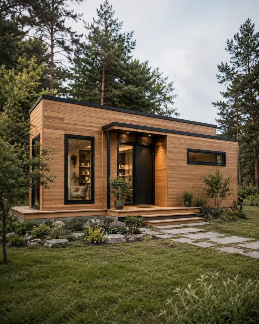 Sabit tiny house türlerinden biri olan bu görselde, çam ağaçlarıyla çevrili ormanlık bir alanda konumlanmış, ahşap dış cepheli, modern tasarımlı, geniş pencereli ve önünde düzenli çim alan ile taş patika bulunan şık bir yaşam alanı gözükmektedir.
