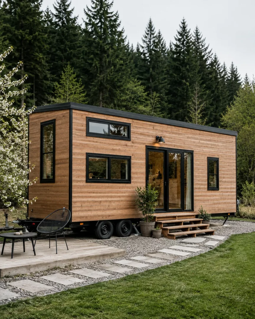 Çam ağaçları ve çiçek açmış bir ağaçla çevrili alanda, siyah pencere çerçeveli ve ahşap kaplamalı modern bir tekerlekli tiny house, önünde küçük bir ahşap güverte, çakıllı yollar ve yeşil çimle huzurlu bir yaşam alanı sunuyor.
